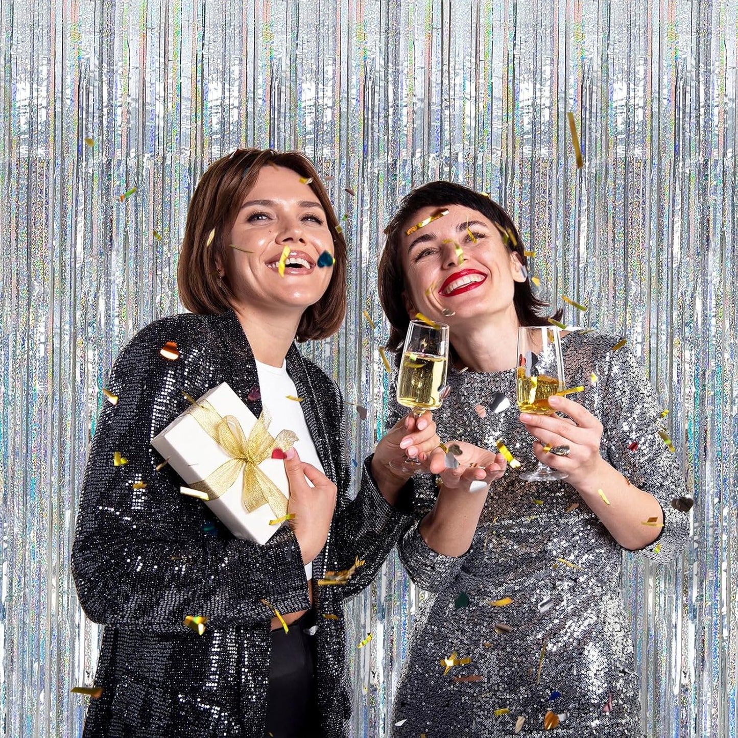 2 Pack Silver Glitter Backdrop Party Decorations Tinsel Streamers Foil Fringe Curtains Shimmer Wall Backdrop Christmas Birthday Bachelorette Party Wedding Decor Supplies