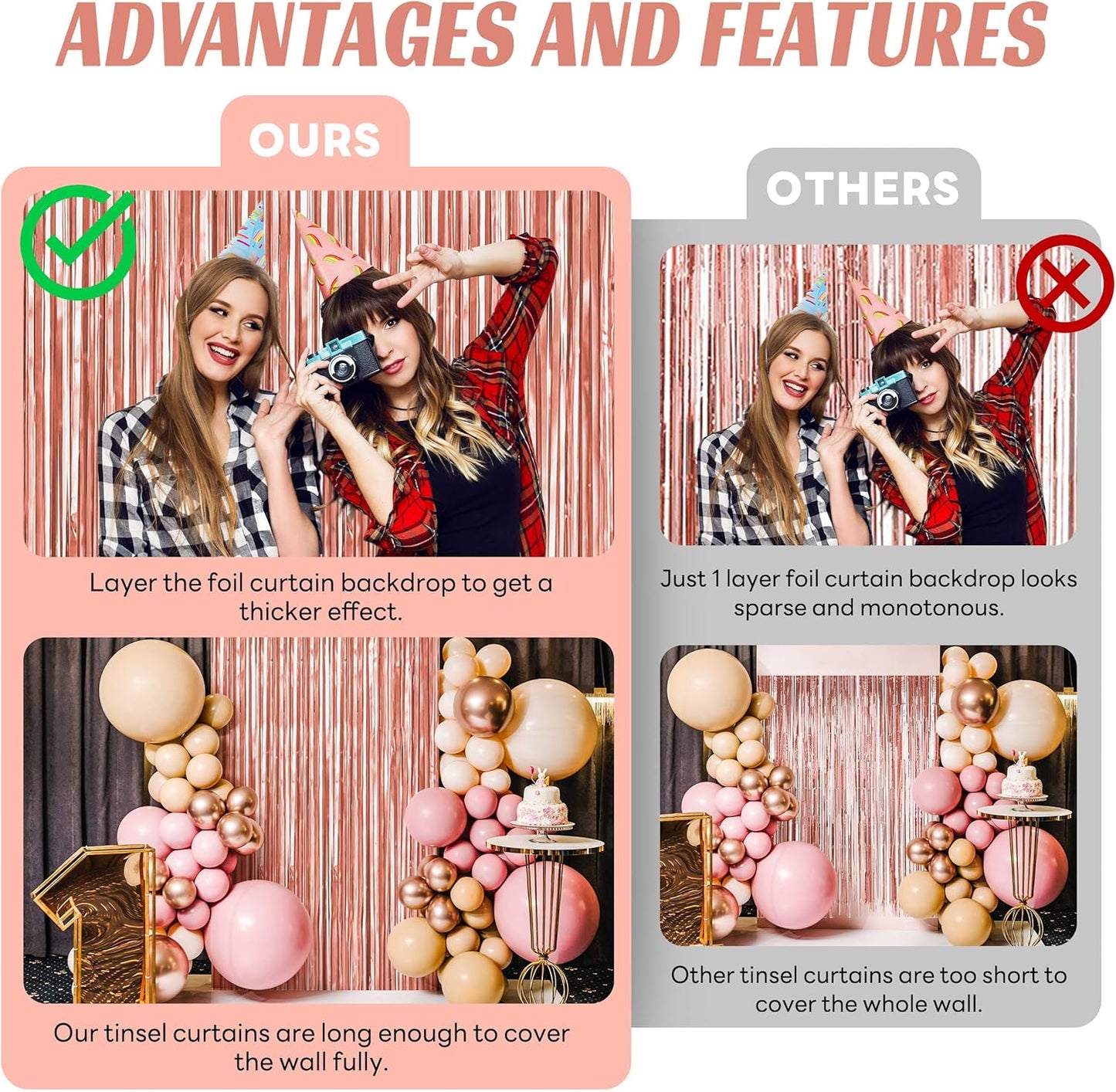 BTSD-home 4 Pack Rose Gold Foil Fringe Curtain, Metallic Photo Booth Backdrop Tinsel Door Curtains for Wedding Birthday Bridal Shower Baby Shower Bachelorette Christmas Party Decorations(3ft x 8ft)