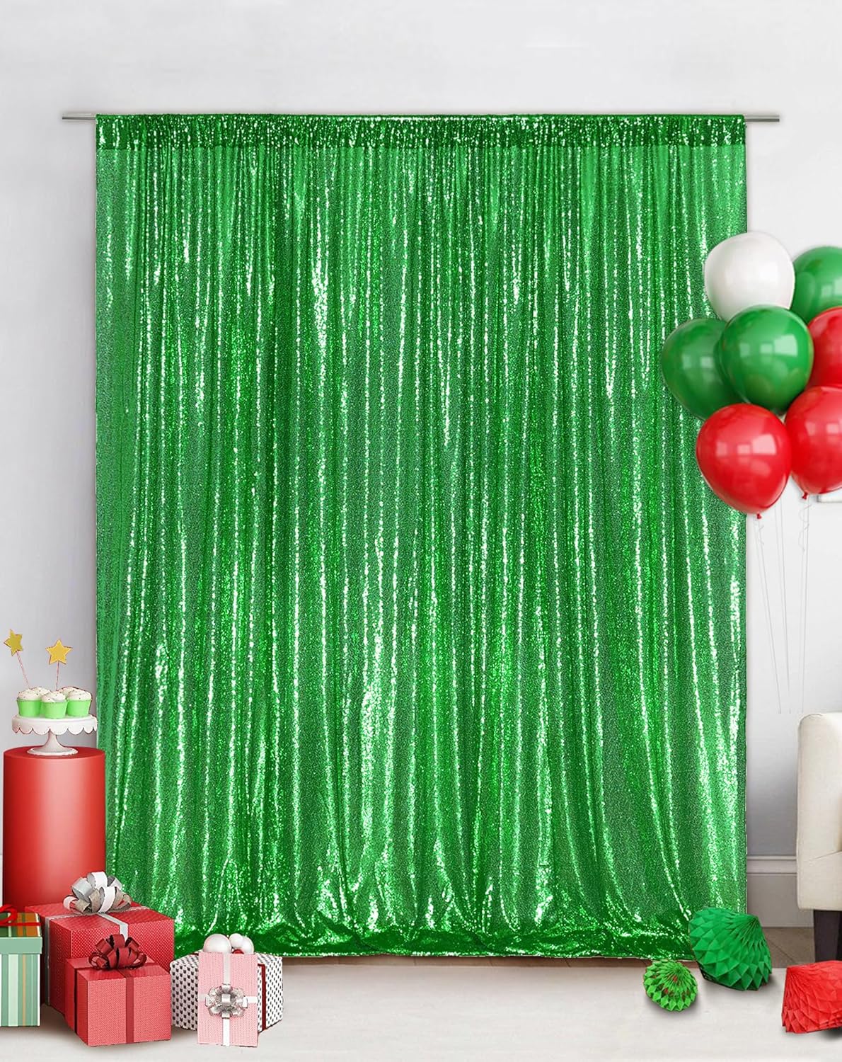 Eternal Beauty Green Sequin Backdrop, 8x10 Ft Glitter Background Curtains for Christmas Shimmer Photography Party Wedding Birthday Back Drop Decor
