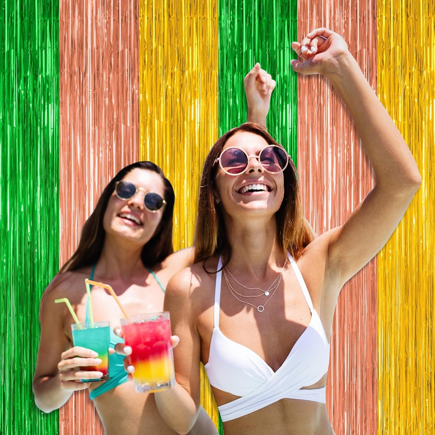 12 Pack Hawaiian Party Decorations, 3.28 FT x 7.05 FT Luau Party Decorations, Green Brown Yellow Luau Backdrop Fringe Curtains Foil Streamer, Metallic Summer Decor Luau Party Supplies