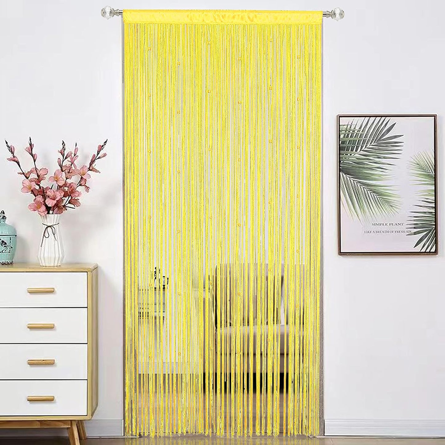 Beaded Curtain Beads Door String Curtains Ideal for Living Room Decor Wall Hanging Fringe Doorway Divider Bedroom Backdrop Hippie Window Closet Privacy Rod Pocket Dense (100x200cm,Yellow)