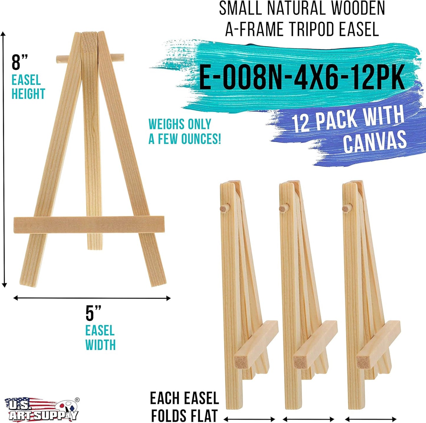 U.S. Art Supply 4" x 6" Stretched Canvas with 8" High Small Natural Wooden Easel (12 Pack), A-Frame Canvas Stand Tripod, Small Painting Easels - Tabletop Easel for Painting, Canvases, Student Crafts