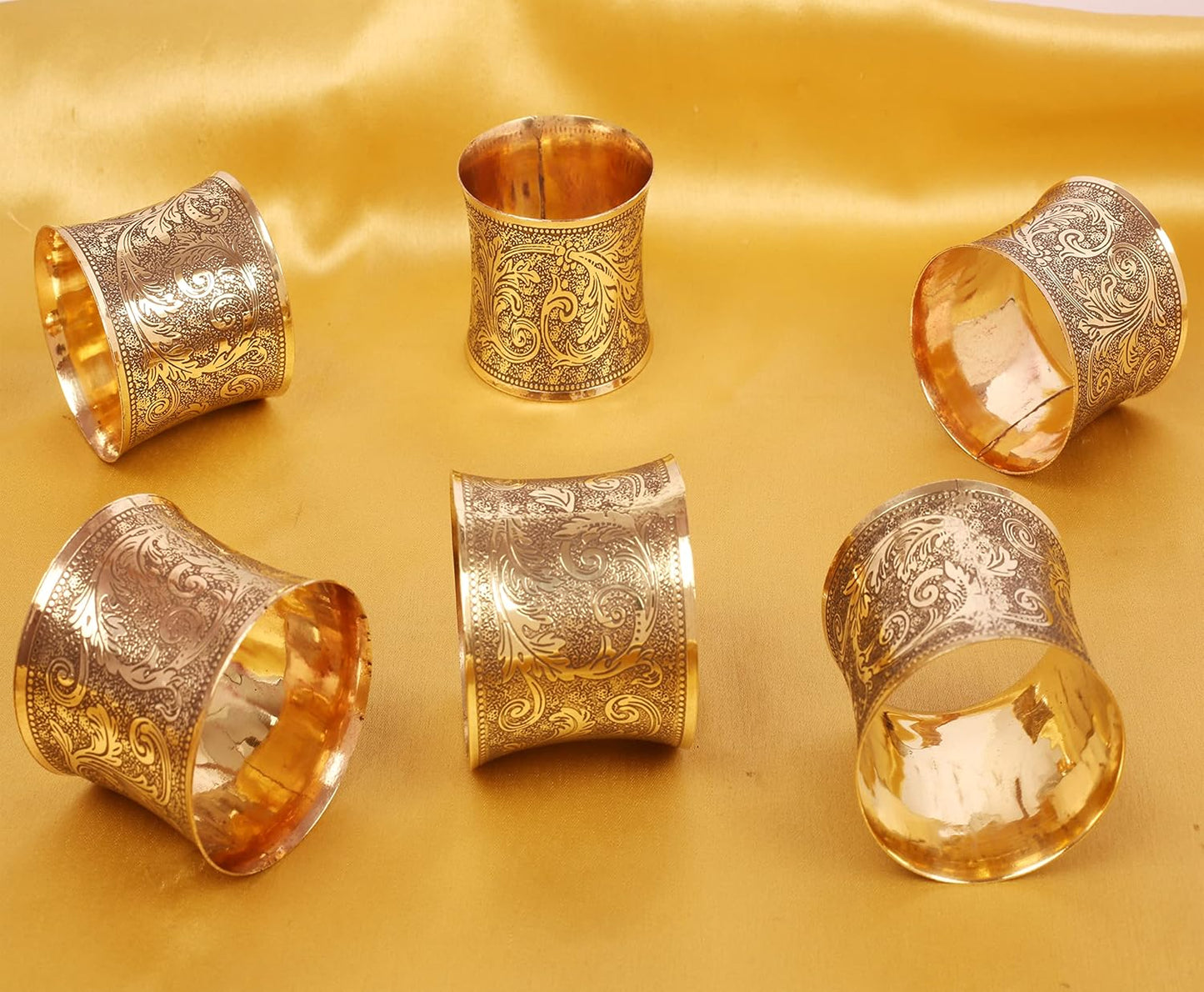 Brass Base Traditional Pretty Handcrafted Etched Petals Floral Pattern Large Size Party Dining Table Napkin Holders in Gold Tone. (Set of 6).