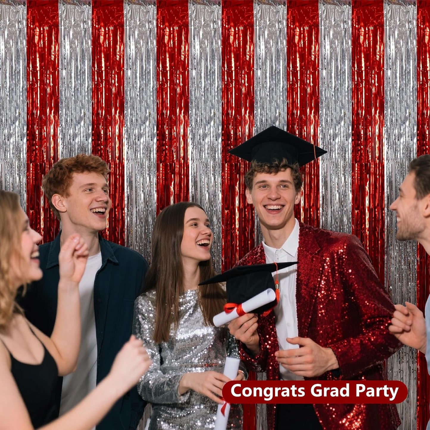 BEISHIDA Red Silver Door Streamers Backdrop Foil Fringe Tinsel Party Streamers Curtains Photo Backdrop - 2Pcs for Birthday Graduation Christmas Party Decoations