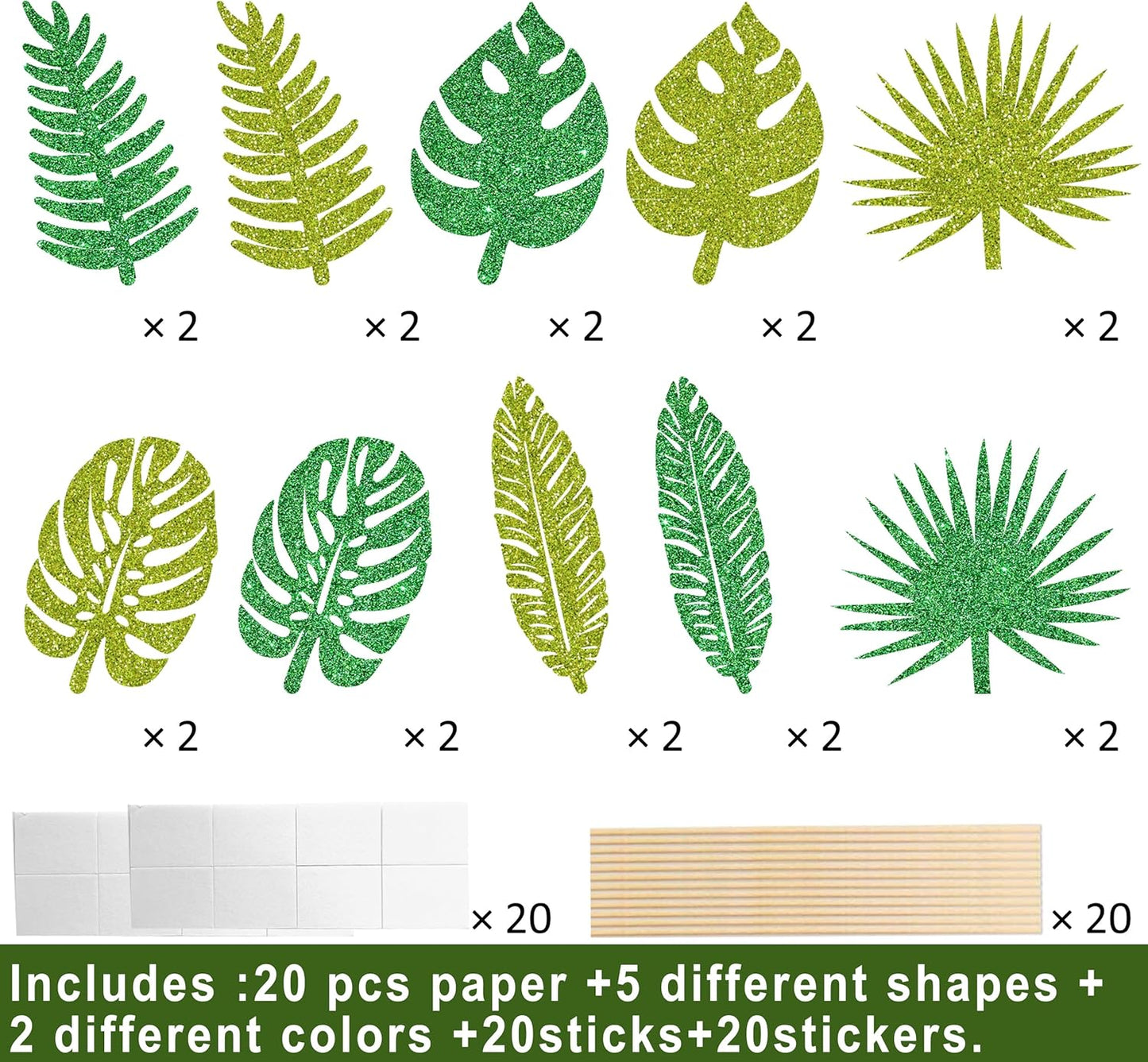 20pcs Glitter Tropical Leaves Centerpiece Decorations for Table Green Palm Leaf Theme Centerpiece Sticks Hawaiian Luau Birthday Decorations for Summer Jungle Theme Birthday Party Baby Shower Supplies