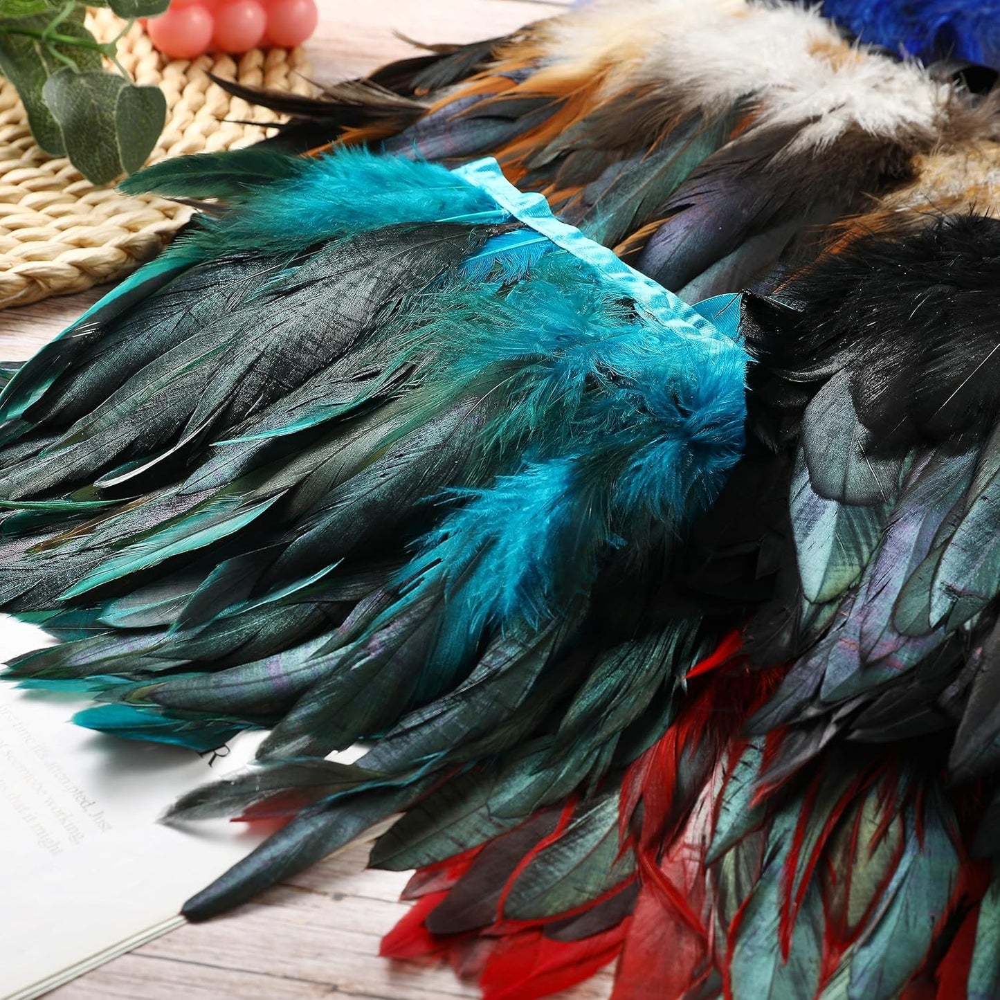 Holmgren Pink Rooster Feathers Trim - 2 Yards 5-7inch Rooster Feather Fringe Trim for Feather Shawl Cape, Skirt, Headband, Juju Hat and Party Costume Decoration (Pink)