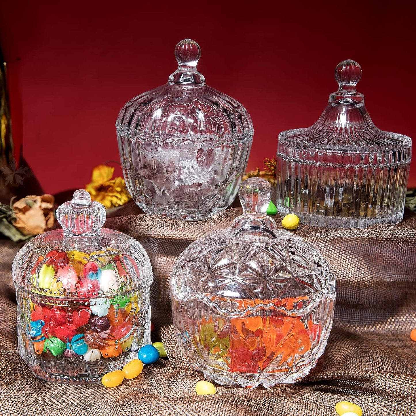 INFTYLE Glass Candy Dish with Lid Set of 4 Crystal Glass Candy Jar Jewelry Box Dappen Dish Cookie Jar for decorative storage gift idea (4pcs Clear)…