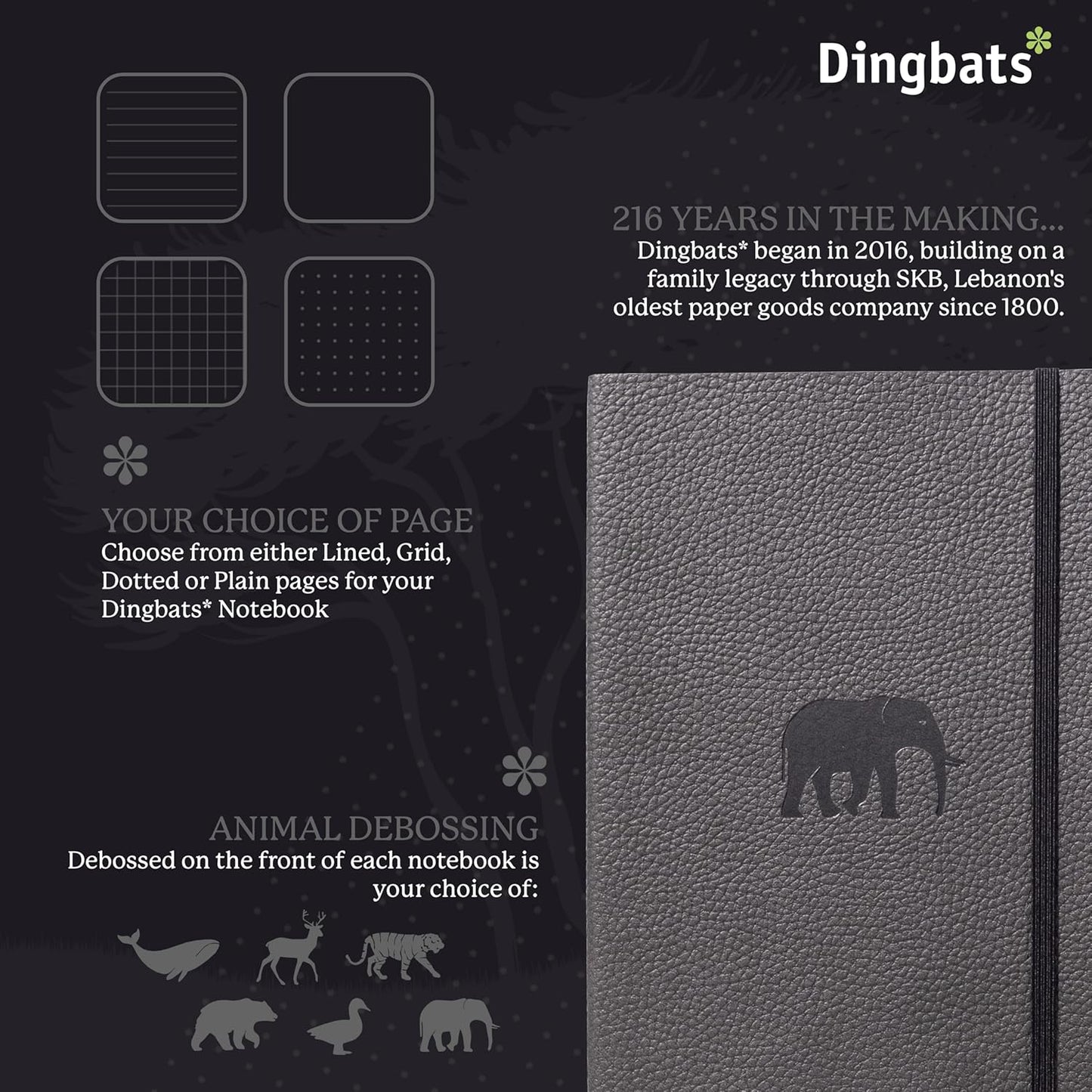 Dingbats* Wildlife Dotted Writing Journal Notebook A5 - Vegan Leather Hardcover - Ideal for Work, Travel - Pocket, Elastic Closure, & Bookmark