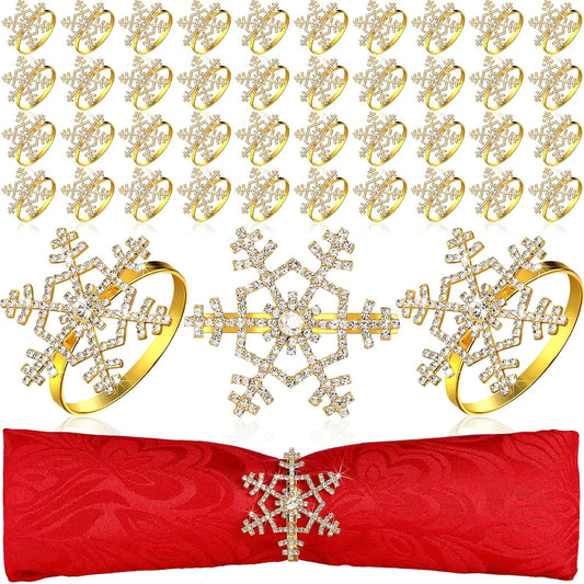 Patelai 48 Pieces Snowflake Napkin Rings Thanksgiving Christmas Napkin Holders Exquisite Household Rhinestone Napkin Rings Set for Christmas Wedding Dinner Party Table Decoration (Gold)