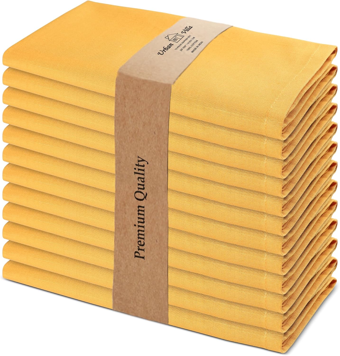 Urban Villa Cloth Napkins 100% Cotton Slub Absorbent Dinner Napkins (Set of 12) Oversized 20x20 Inches Solid Mustard Color Soft Durable Reusable Washable Ideal for Everyday Use Wedding Parties