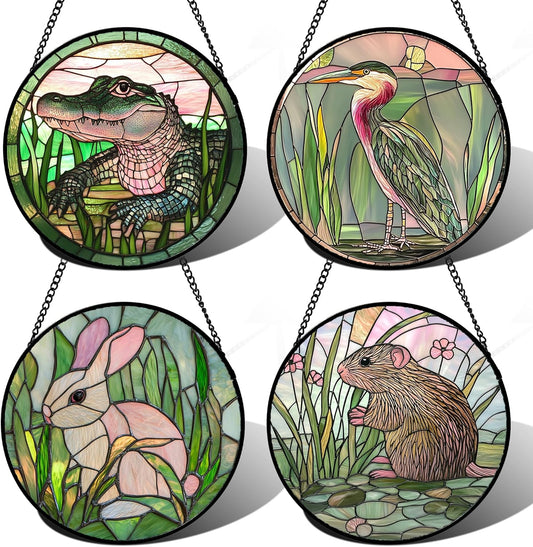 Stained Glass Window Hanging 4 Pcs Set Cute Animal Large 11.8"- Green Plant Pink Suncatcher Door Garden Sun Catcher Decor Birthday Christmas for Mom Woman Nana Men Friend