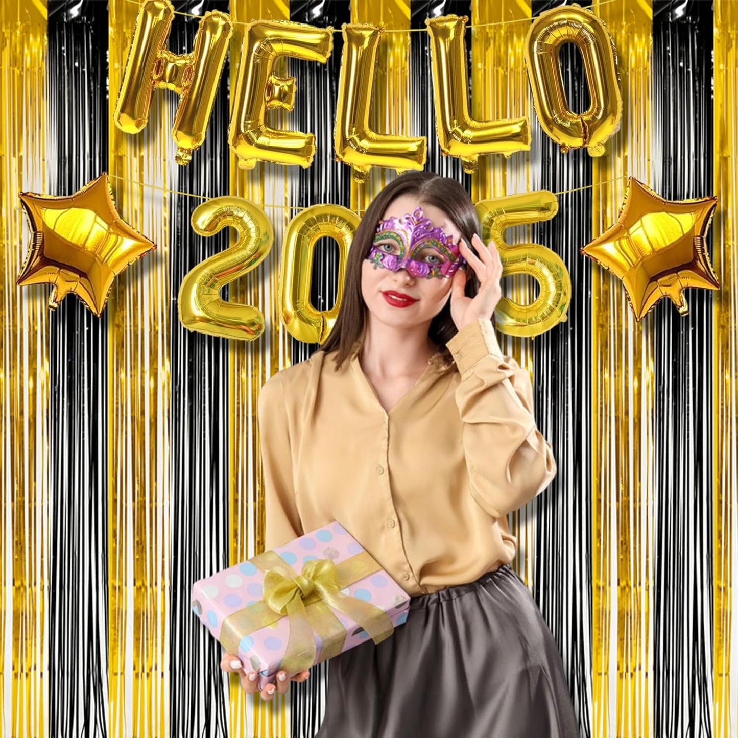 BRAVESHINE 3.2 x 8.2 ft Black Gold Foil Fringe Curtains - 2 Pack Metallic Photo Booth Streamers Backdrop for Boy Men Birthdays/New Years/Graduates/Homecoming/Farewell/Prom/Ramarak Party Decorations