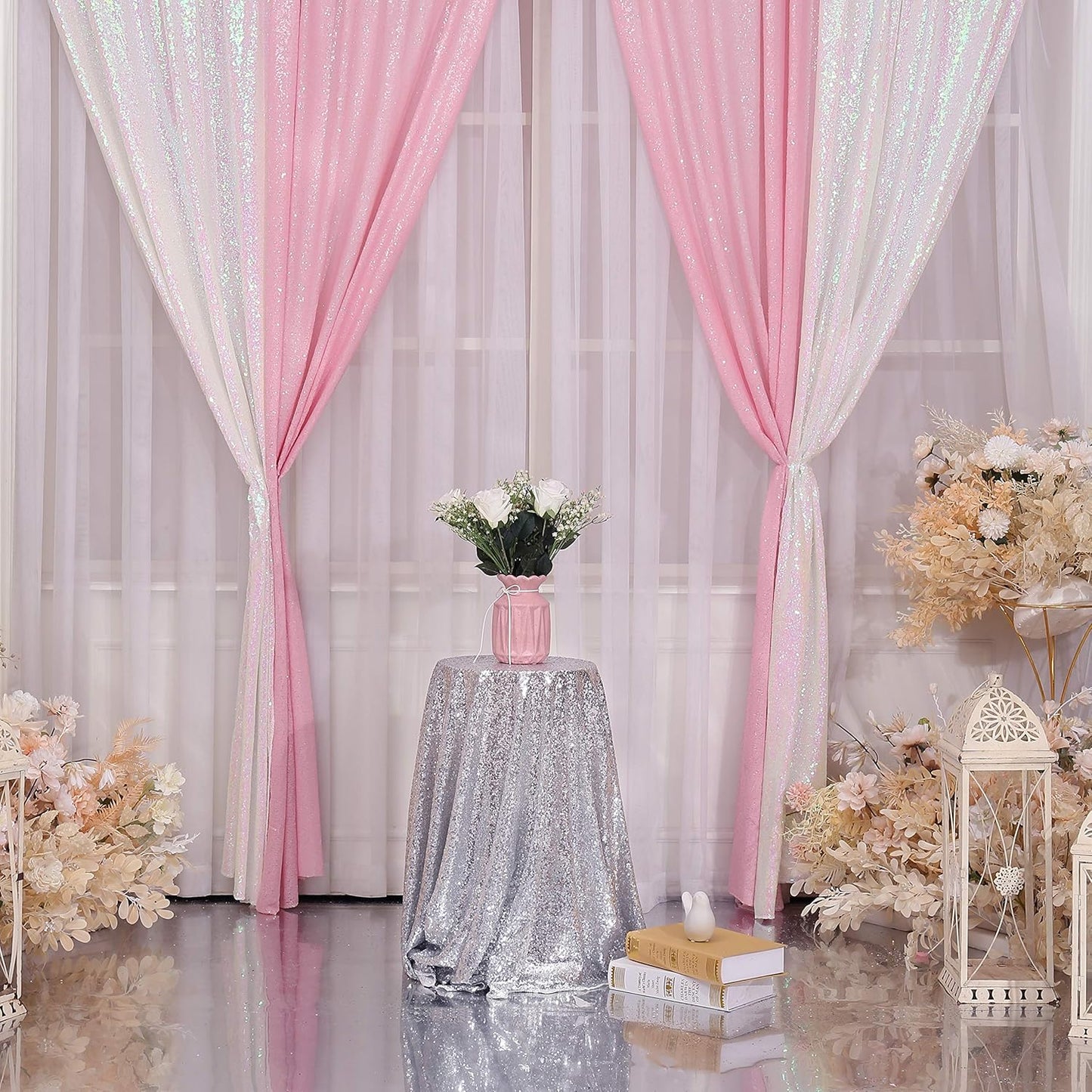 Pink Sequin Backdrop Curtains,2 Panels 2ft x 8ft Sequin Photography Backdrop Curtain for Wedding Party Xmas Decoration, Pink