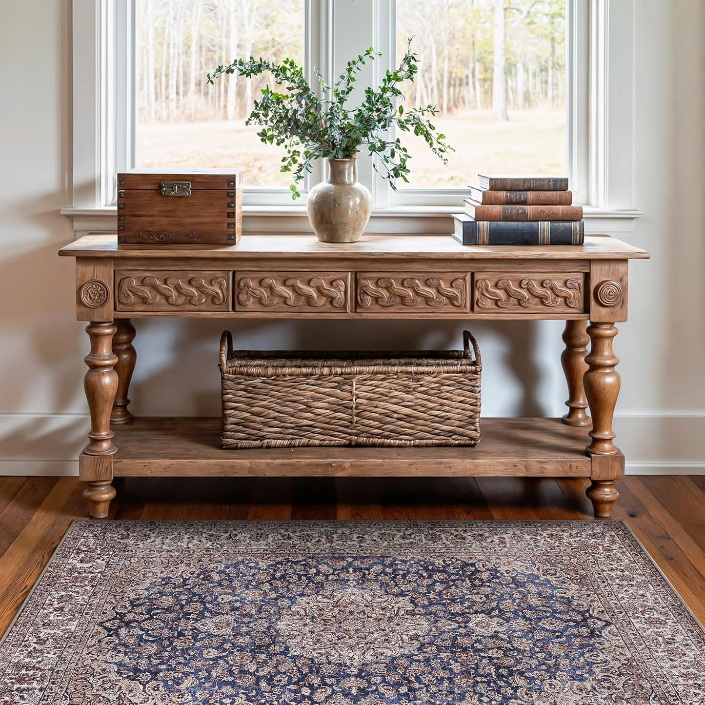 Bloom Rugs Washable Non-Slip 3' x 5' Rug - Dark Blue/Beige Traditional Medallion Area Rug for Living Room, Bedroom, Dining Room, and Kitchen - Exact Size: 3' x 5'