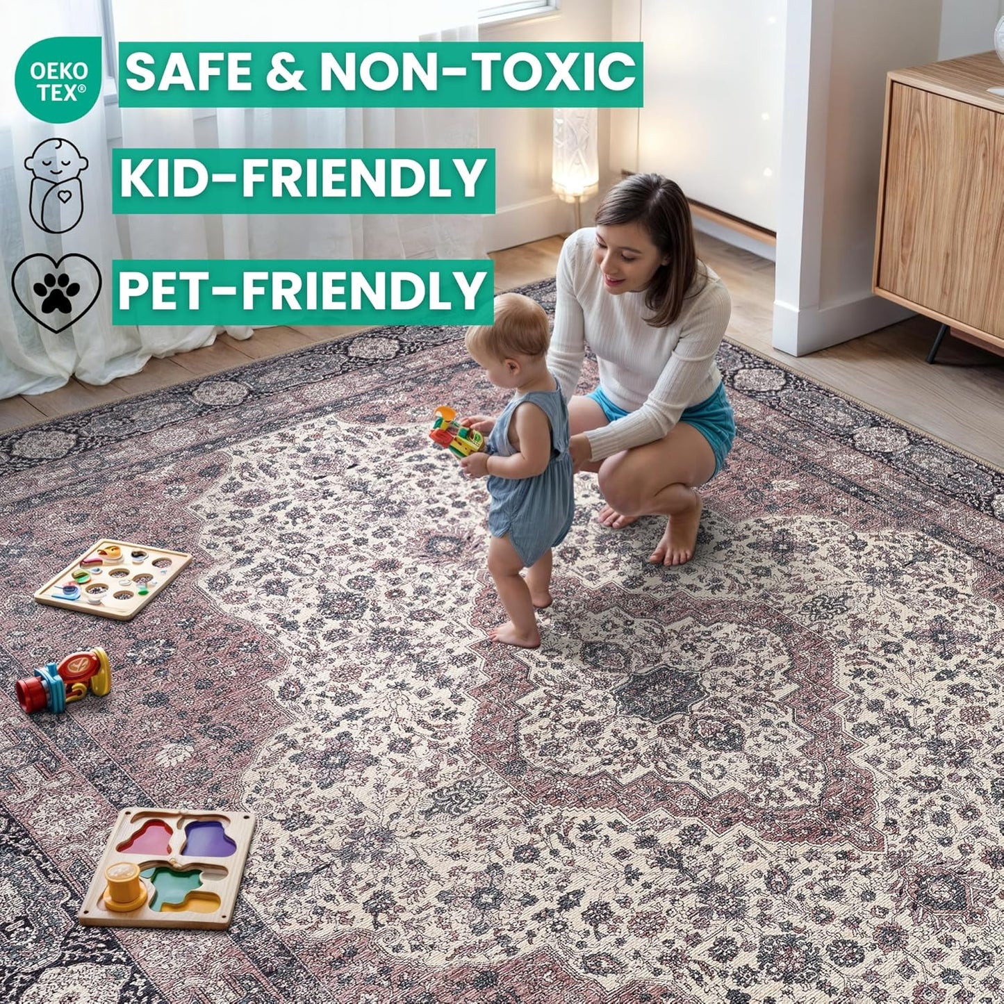 Bloom Rugs Washable Non-Slip 10 ft Runner - Cream/Green Traditional Medallion Runner for Entryway, Hallway, Bathroom, and Kitchen - Exact Size: 2.5' x 10'