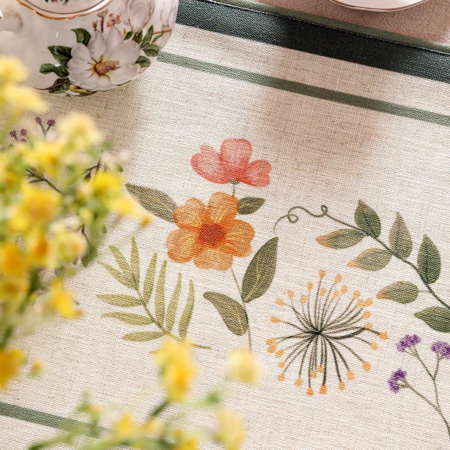 Designer Linen Table Runner,French Farmhouse Shabby Chic Floral Pattern 87 Inches Long Wrinkle Free Table Runners,Decor Tabletop for Kitchen,Dining,Party,Home,Christmas,12"*87"