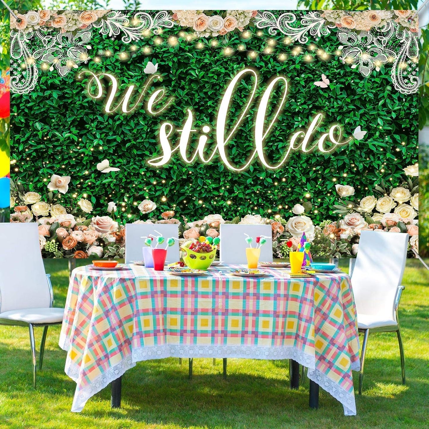 We Still Do Backdrop Green Leaves Lace Wedding Anniversary Photography Background Engagement Vow Renewal Bachelorette Party Decoration Banner Photo Booth Studio Props 9x6ft FU064YL