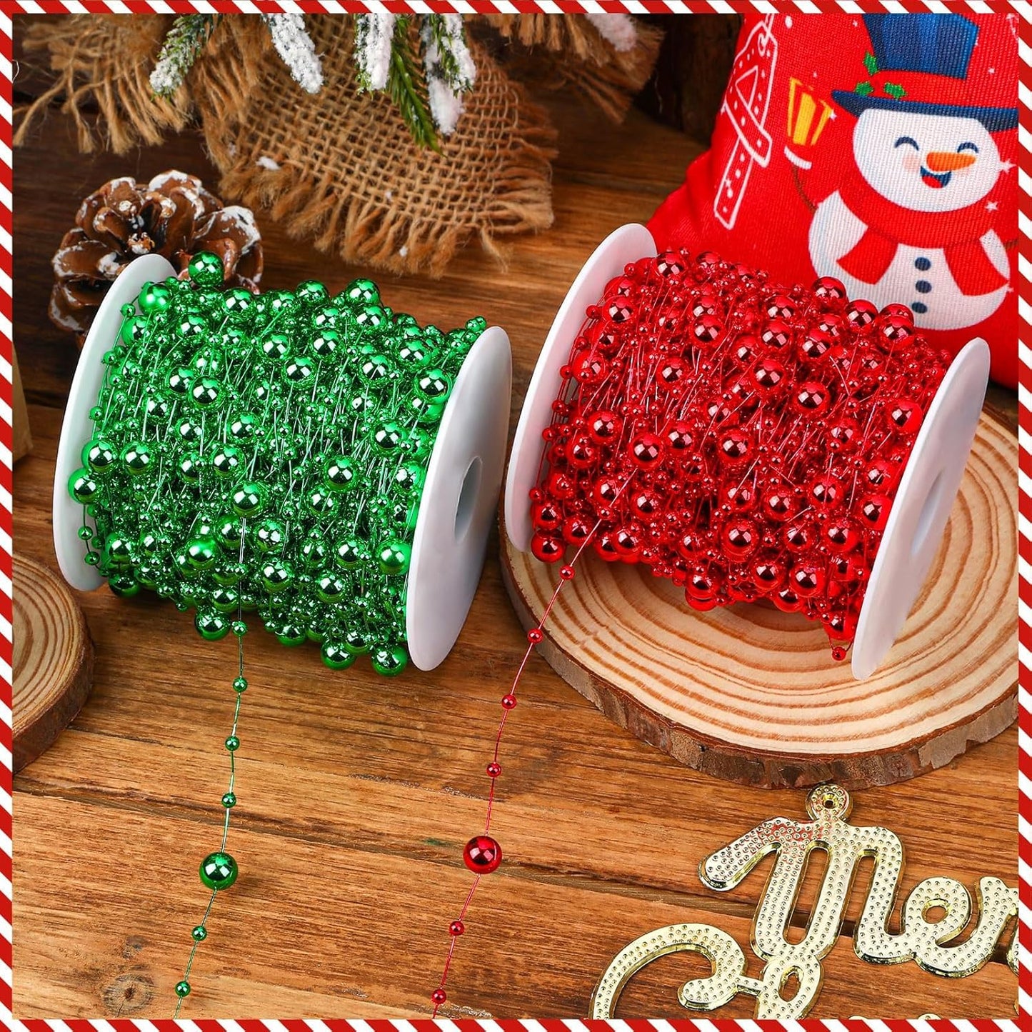 JULBEAR Beads Garland Decoration, 1Rolls 131Feet Red Christmas Pearl Strands Chain Bead Garland for Christmas Tree Fireplace Wreath Gift Bouquet Crafts Wrapping Wedding Party Centerpieces Decoration