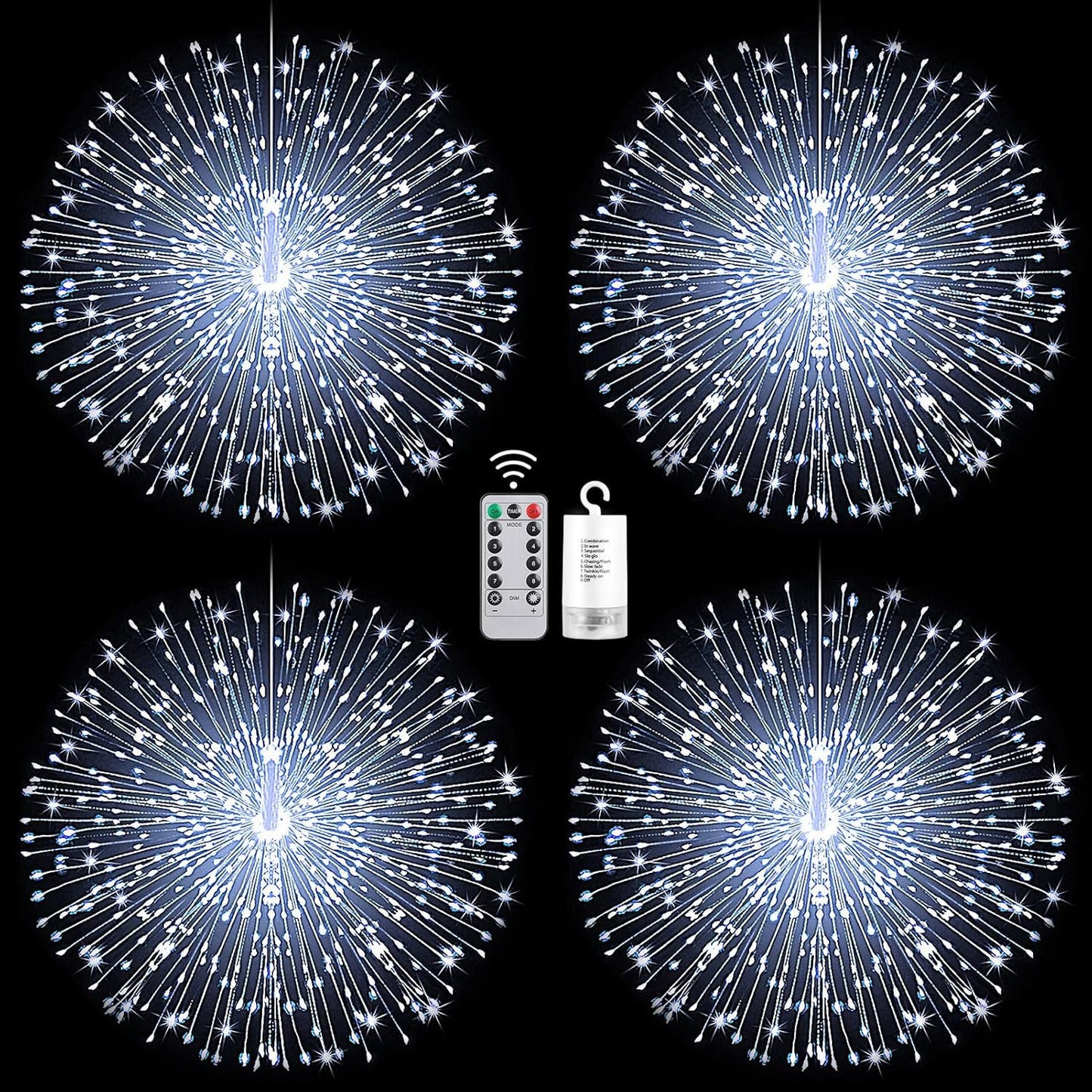 Admitrack Starburst String Lights Christmas Lights, 225 LED 8 Modes Dimmable with Remote Control, Waterproof Copper Wire Decorative Hanging for Party Patio Garden Decoration (White, 4PC)