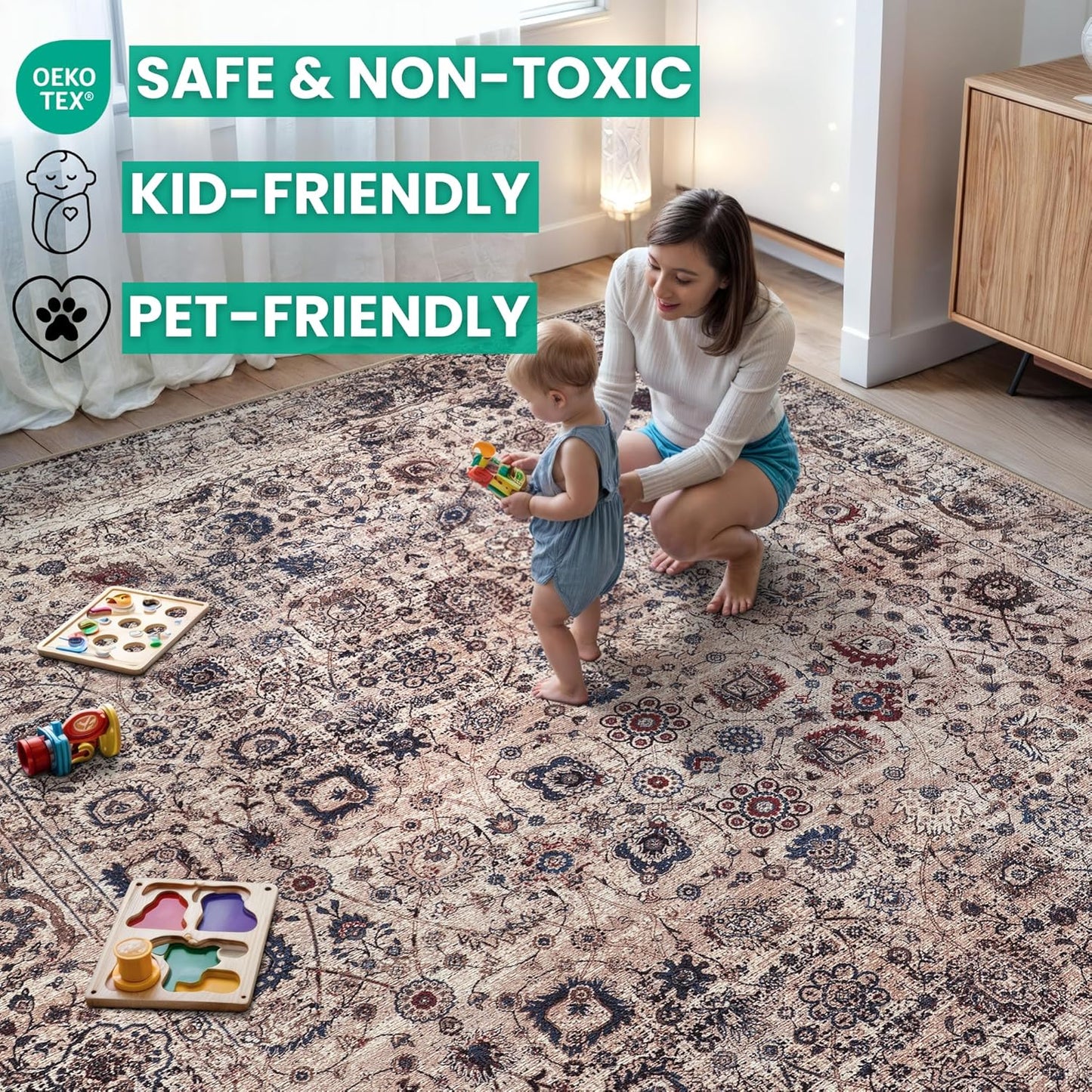 Bloom Rugs Washable Non-Slip 10 ft Runner - Light Tan/Blue Traditional Oriental Runner for Entryway, Hallway, Bathroom, and Kitchen - Exact Size: 2.5' x 10'