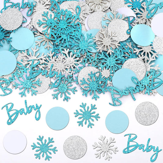 MARFOREVER Winter Baby Shower Table Confetti, 200 Pcs Glitter Blue Silver Snowflake Table Decorations Winter Gender Reveal Party Confetti Sprinkle for Winter Birthday Party Baby Shower Decorations