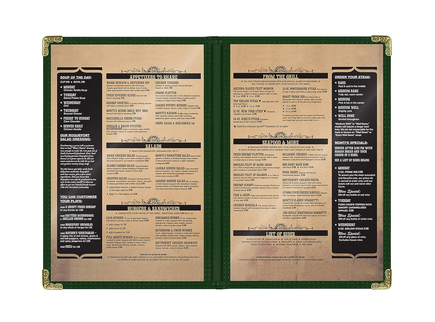 Goodsmart Restaurant Menu Covers – 25 Pack Green 4-View, Side-Loading Menu Holders, Vinyl & Plastic Café Menu Covers, Clear Menu Sleeves, Fits 5.5" x 8.5", Leather-Style Design, Gold Corners