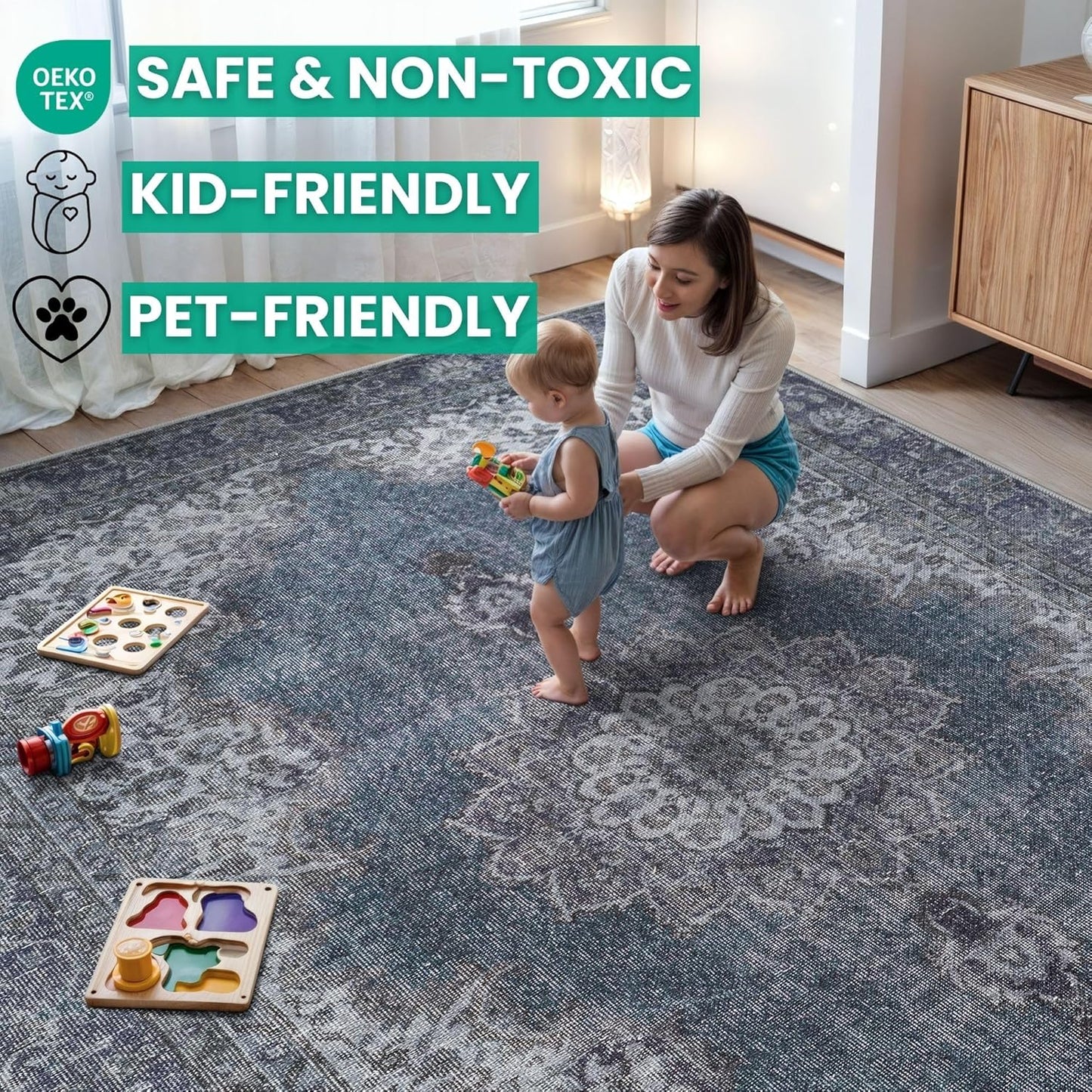 Bloom Rugs Washable Non-Slip 6' x 9' Rug - Dark Teal Traditional Medallion Area Rug for Living Room, Bedroom, Dining Room, and Kitchen - Exact Size: 6' x 9'