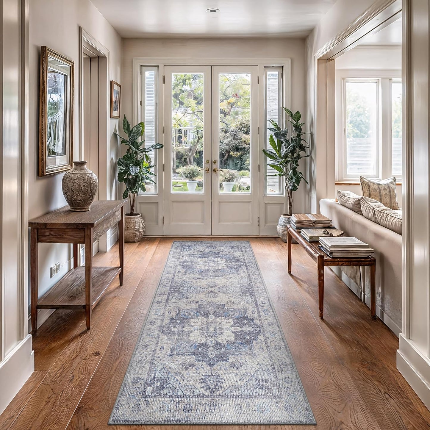 Bloom Rugs Washable Non-Slip 10 ft Runner - Blue/Sand Traditional Medallion Runner for Entryway, Hallway, Bathroom, and Kitchen - Exact Size: 2.5' x 10'