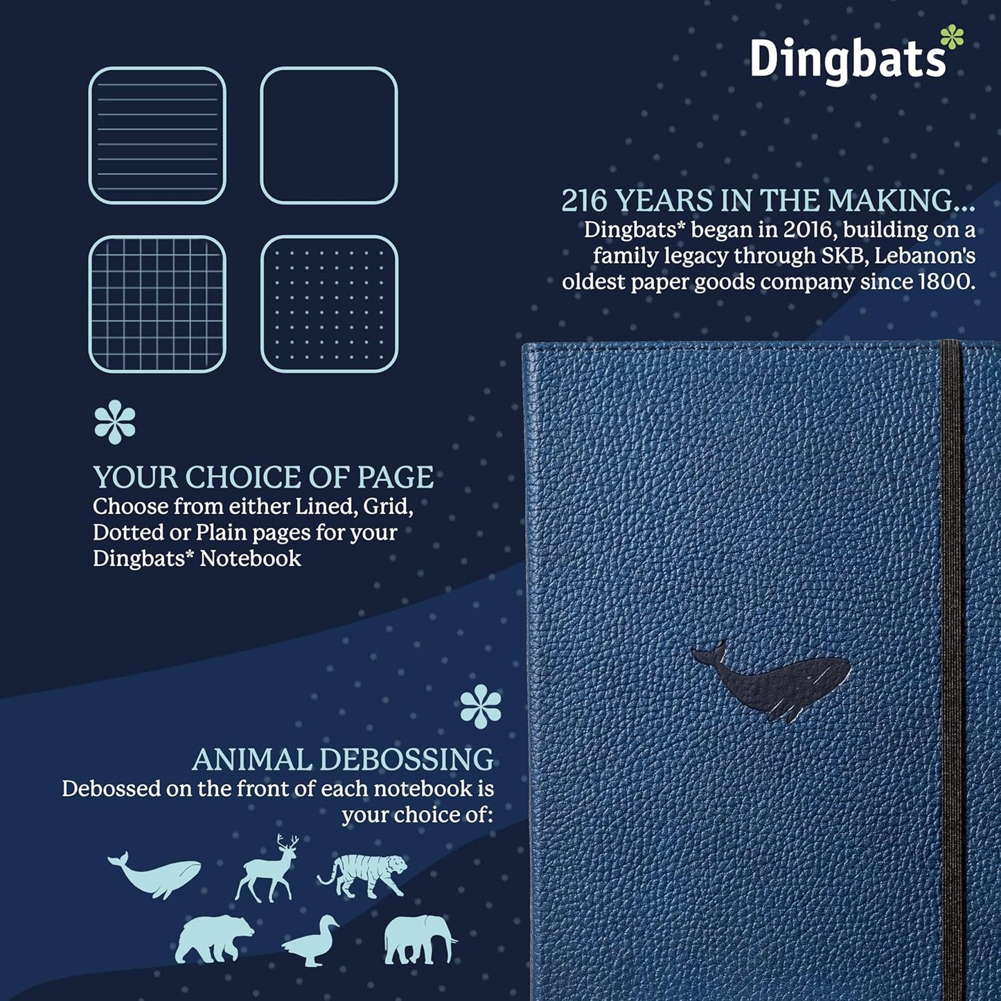 Dingbats Wildlife Grid Journal A5 - Vegan Leather Hard Cover, Ideal for Work, Travel - Pocket, Elastic Closure, Bookmark
