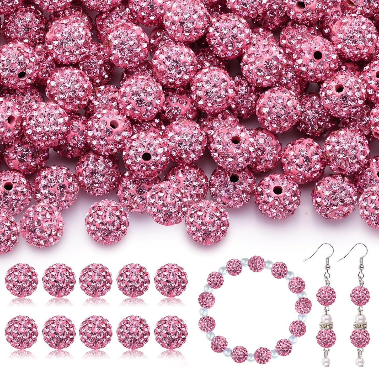 160pcs 10mm Rhinestone Beads for Jewelry Making, Dark Pink Shiny Round Disco Ball Beads Bulk, Sparkle Crystal Clay Christmas for Bracelet Baseball Necklace Earring Crafting and DIY