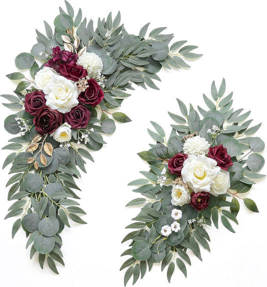 Artificial Burgundy Flower Swag Set of 2 for Wedding Welcome Signs Floral Decorations, Wedding Arch Flowers for Wedding Ceremony, Ivory Wedding Flower