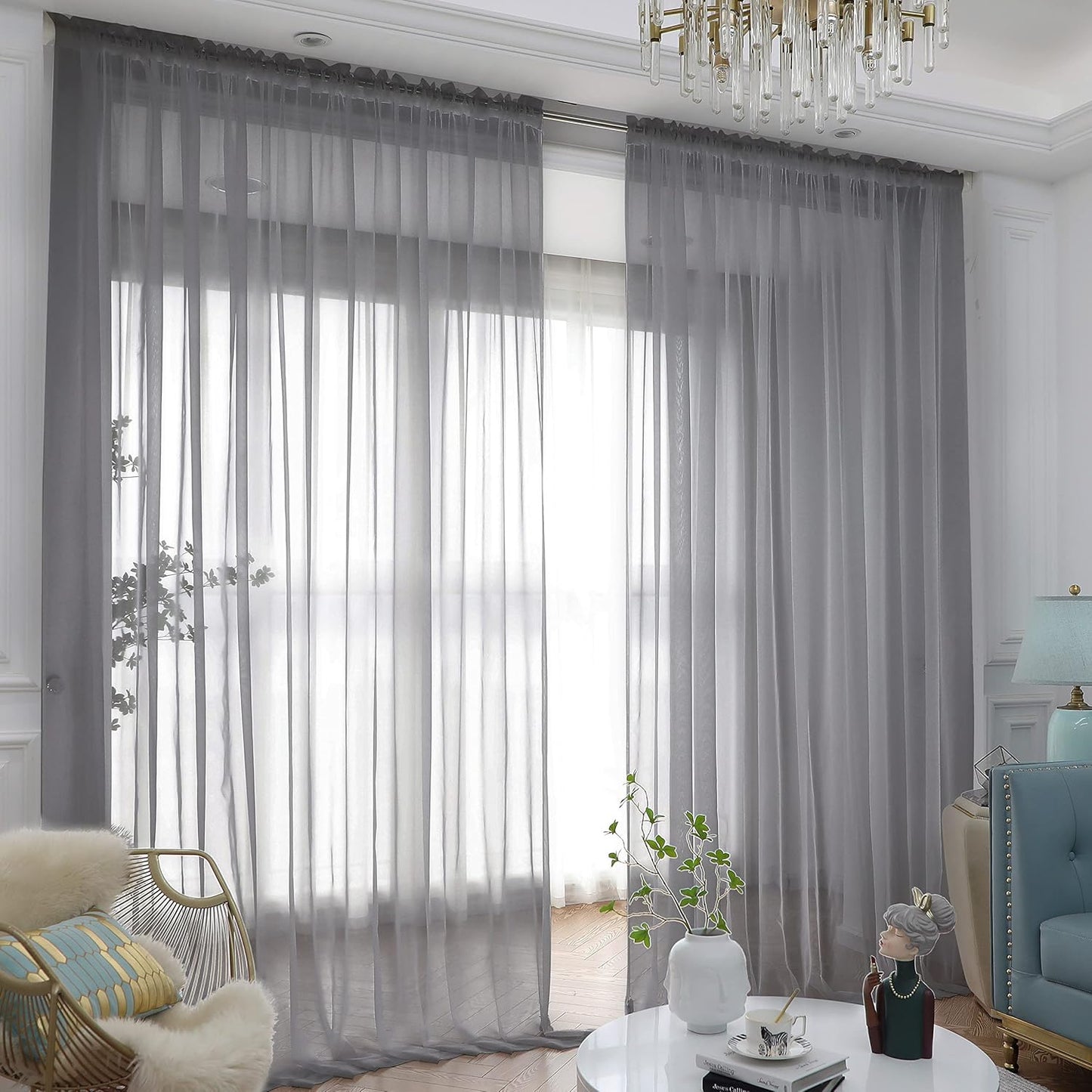 Window Gray Sheer Curtains 130 Inches Long 2 Panels Sheer Curtain Basic Rod Pocket Panel for Bedroom Children Living Room Yard Kitchen (Gray, 52" W x 130" L | 2 pcs)