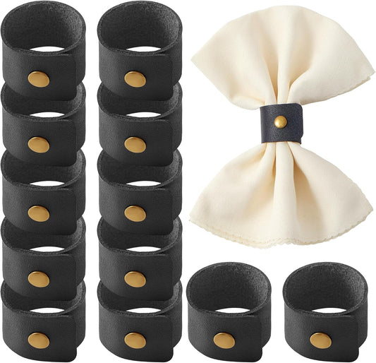 APTWOW Leather Napkin Rings Set of 12 - Fall Thanksgiving Napkin Holder, Black Halloween Vintage Farmhouse Napkin Rings Bulk for Wedding Party Birthday Banquet Table Decor and Daily Use