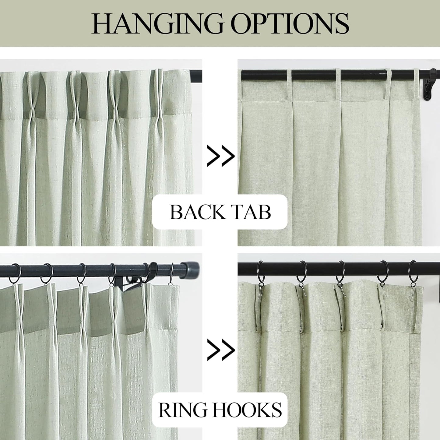 Vision Home Soft Green Pinch Pleated Semi Sheer Curtains Textured Linen Blended Light Filtering Window Curtains 72 inch for Living Room Bedroom Patio Pinch Pleat Drapes with Hooks 1 Panel 60" Wx72 L