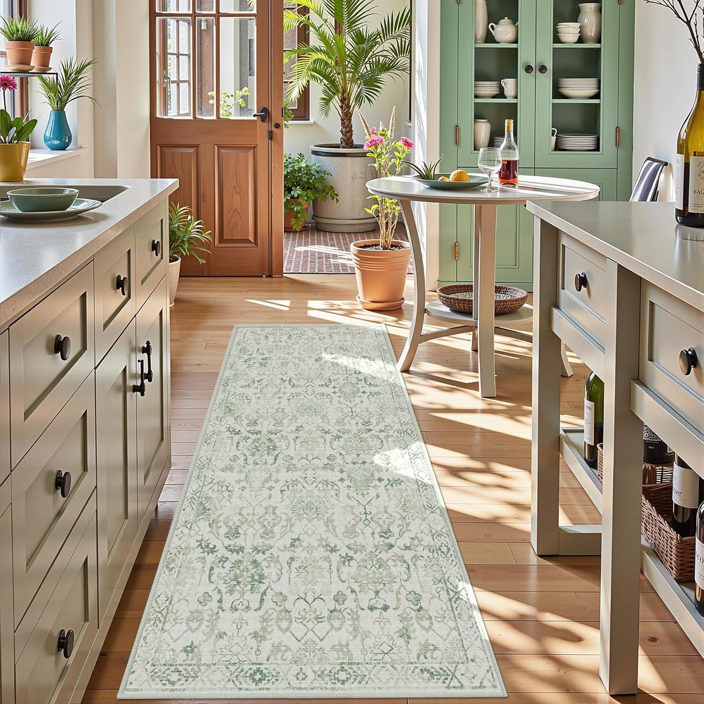 Green 3x7 Runner Rug for Hallways Bed Side Kitchen, Boho Washable Distressed Low-Pile Floor Entryway Long Bathroom Mat, Non-Slip Laundry Room Washstand Front Carpet Green 36x84 Inch