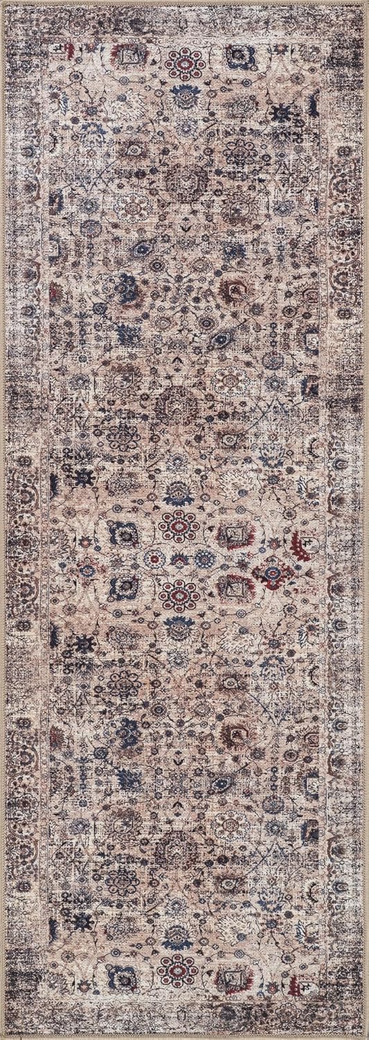 Bloom Rugs Washable Non-Slip 7 ft Runner - Light Tan/Blue Traditional Oriental Runner for Entryway, Hallway, Bathroom, and Kitchen - Exact Size: 2.5' x 7'