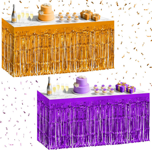 2 Pack Dark Purple Orange Table Skirts, 29x108" Metallic Foil Tinsel Fringe Table Skirt for Rectangle Tables Streamer Curtains Backdrop, Party Decorations for Birthdays, Weddings, Holidays