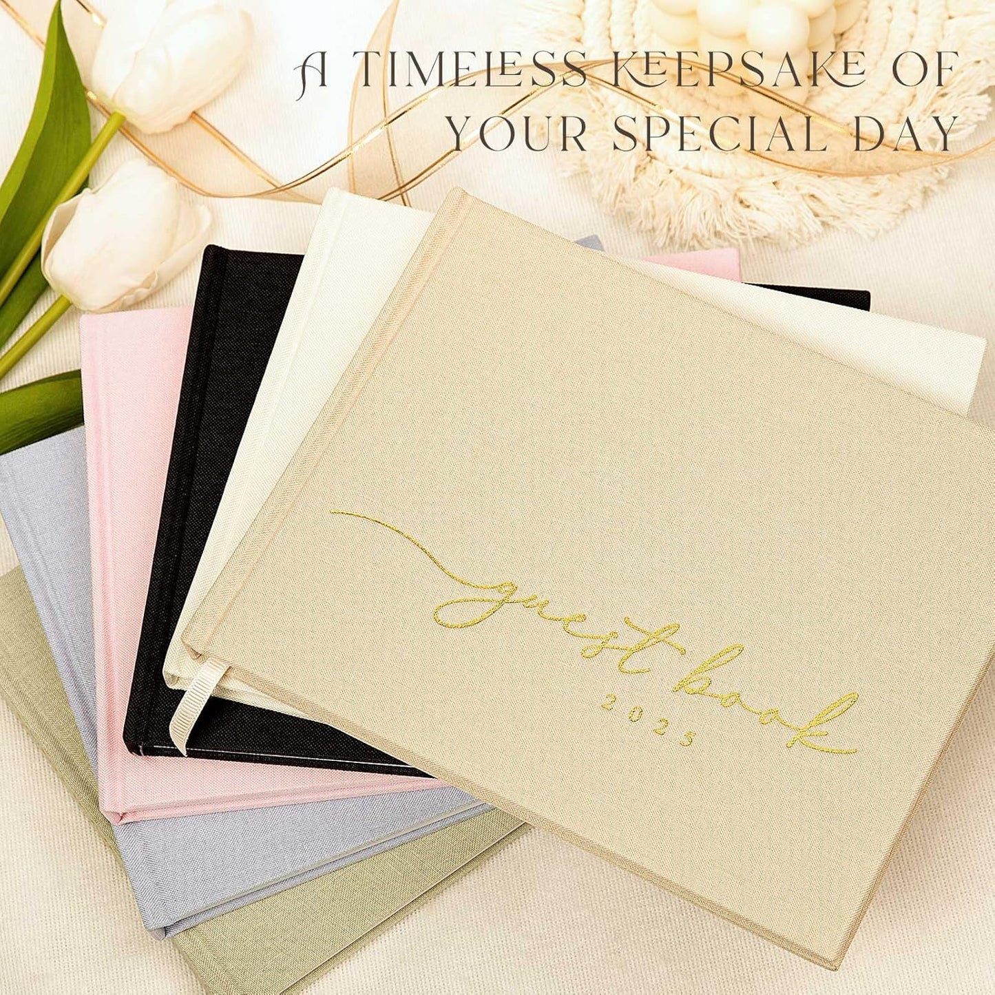 Lanpn Wedding Guest Book 2025 - Linen Hardcover Polaroid Guestbook Wedding Reception for Sign in and Photos - 108 Blank Pages Guest Book for Bridal Shower Baby Shower Wedding Party (Cream)