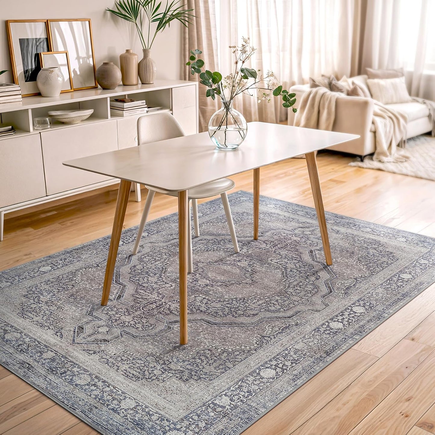 Bloom Rugs Washable Non-Slip 5' x 7' Rug - Blue/Steel Gray/Beige Traditional Medallion Area Rug for Living Room, Bedroom, Dining Room, and Kitchen - Exact Size: 5' x 7'