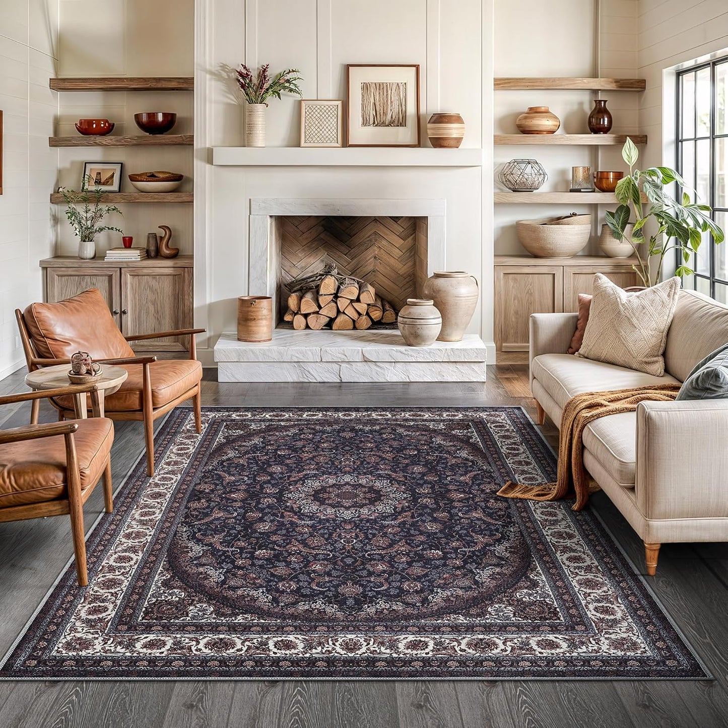 Bloom Rugs Washable Non-Slip 6' x 9' Rug - Navy Traditional Medallion Area Rug for Living Room, Bedroom, Dining Room, and Kitchen - Exact Size: 6' x 9'
