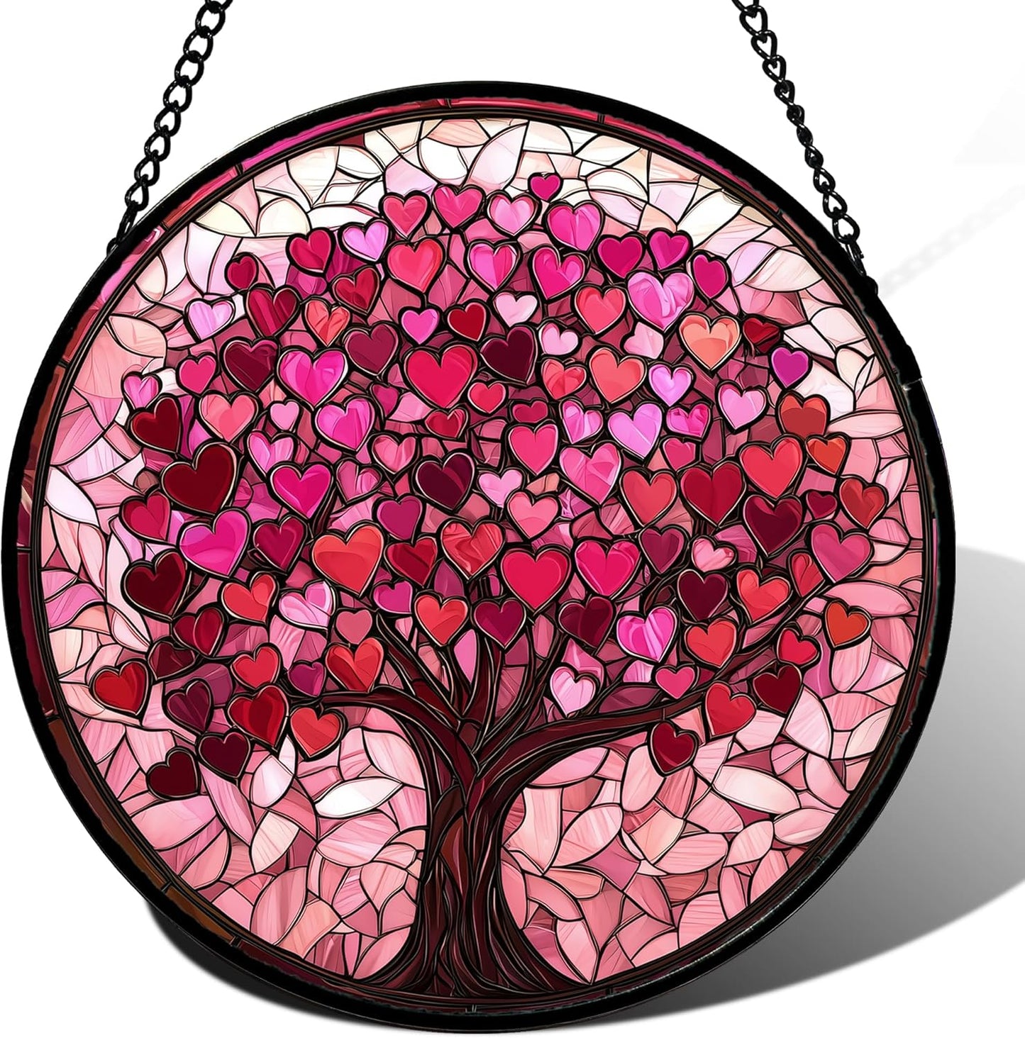 Stained Glass Window Hanging, Pink Love Tree of Life Sun Catchers Colorful Glass Panel Suncatcher Decor for Birthday for Women, Men, Wife, Lovers, and Mom 14.9x14.9 in