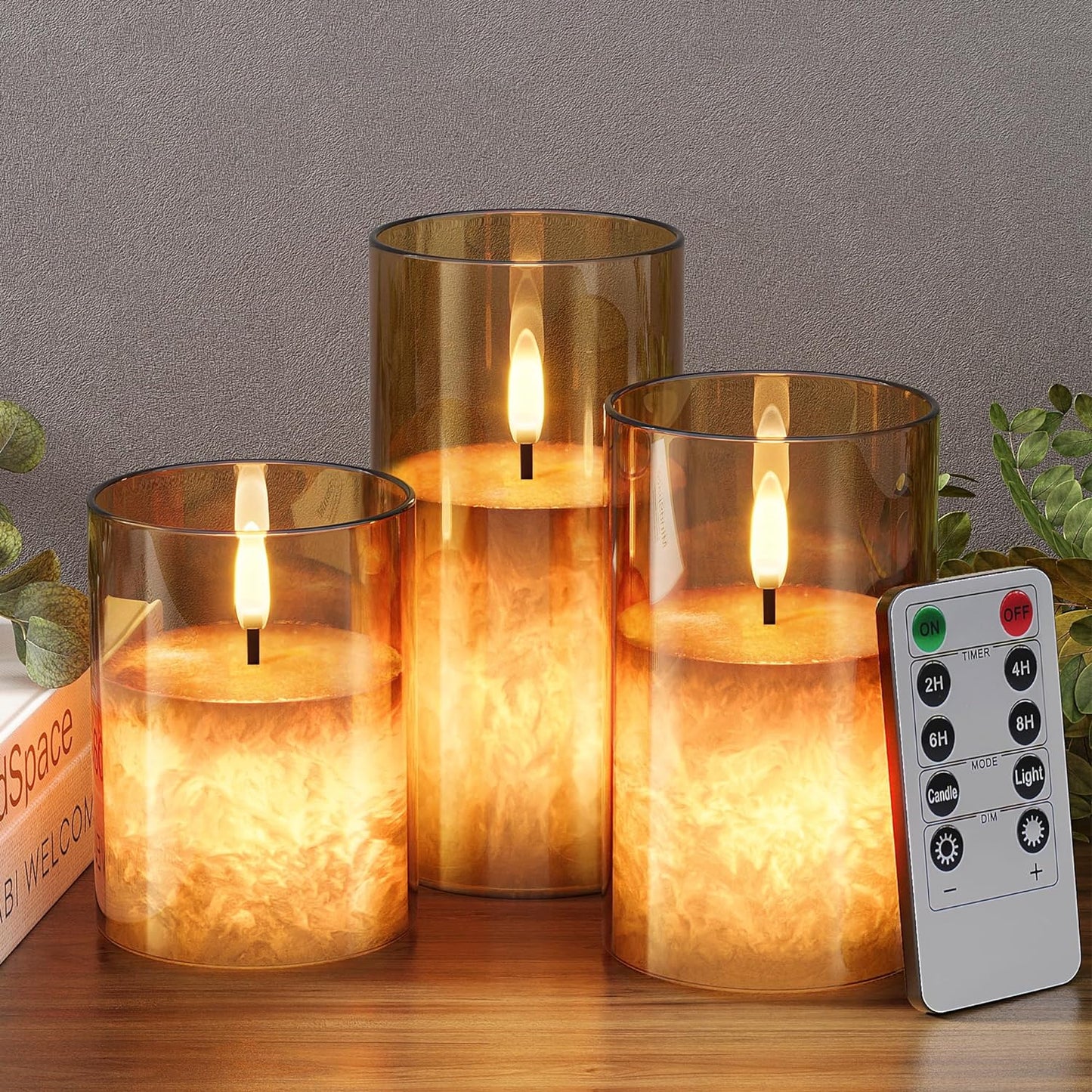 Ice Crystal Real Wax Glass Flameless Candles with Remote & Timer, Battery Operated Candles with Warm Flickering Flame, Realistic LED Candle for Wedding Home Decor [D3×H4/5"/6"] Gold, 3Pack