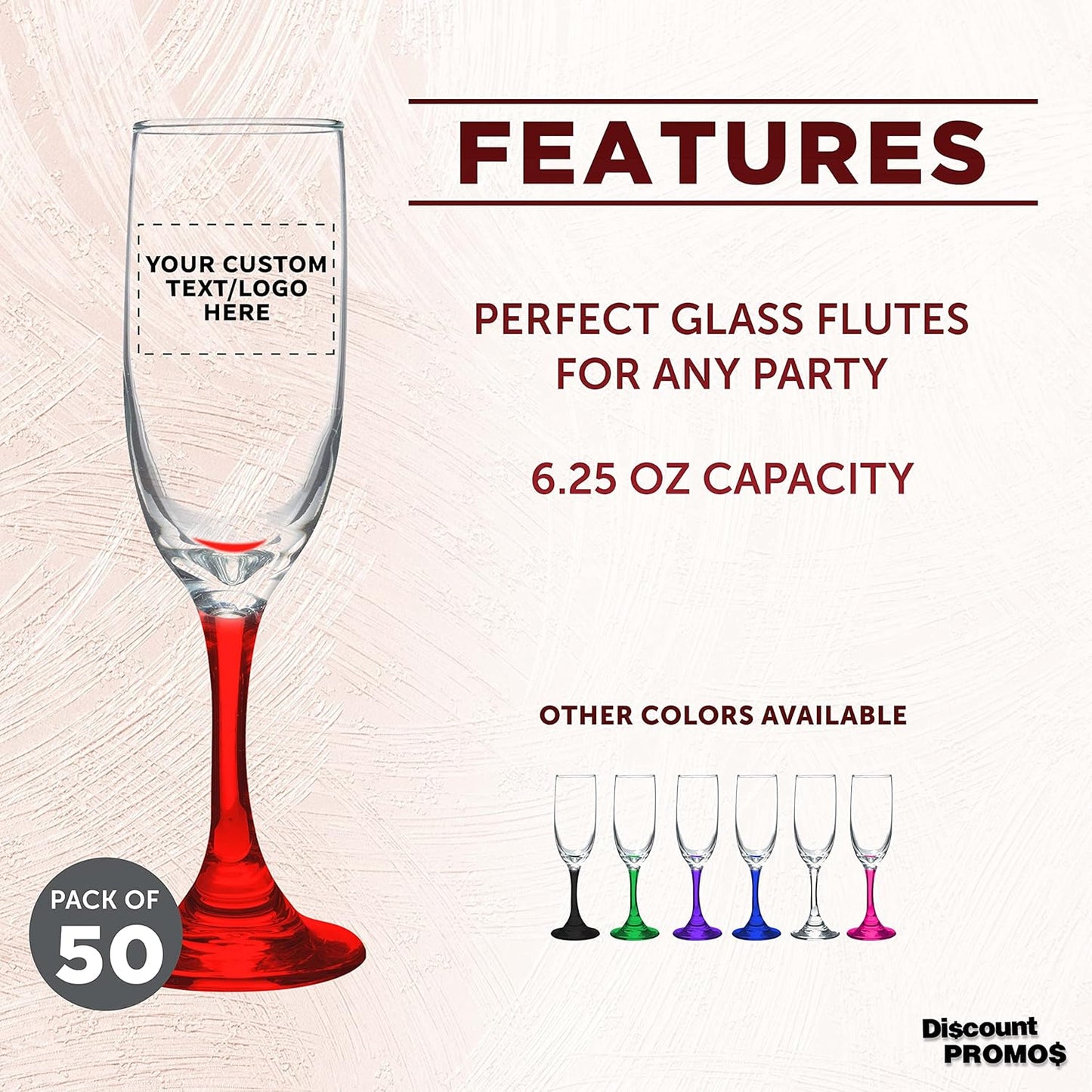 DISCOUNT PROMOS Custom Premiere Champagne Flutes 6.25 oz. Set of 50, Personalized Bulk Pack - Elegant Drinkware for Weddings, Events, & Promotional Gifts - Red