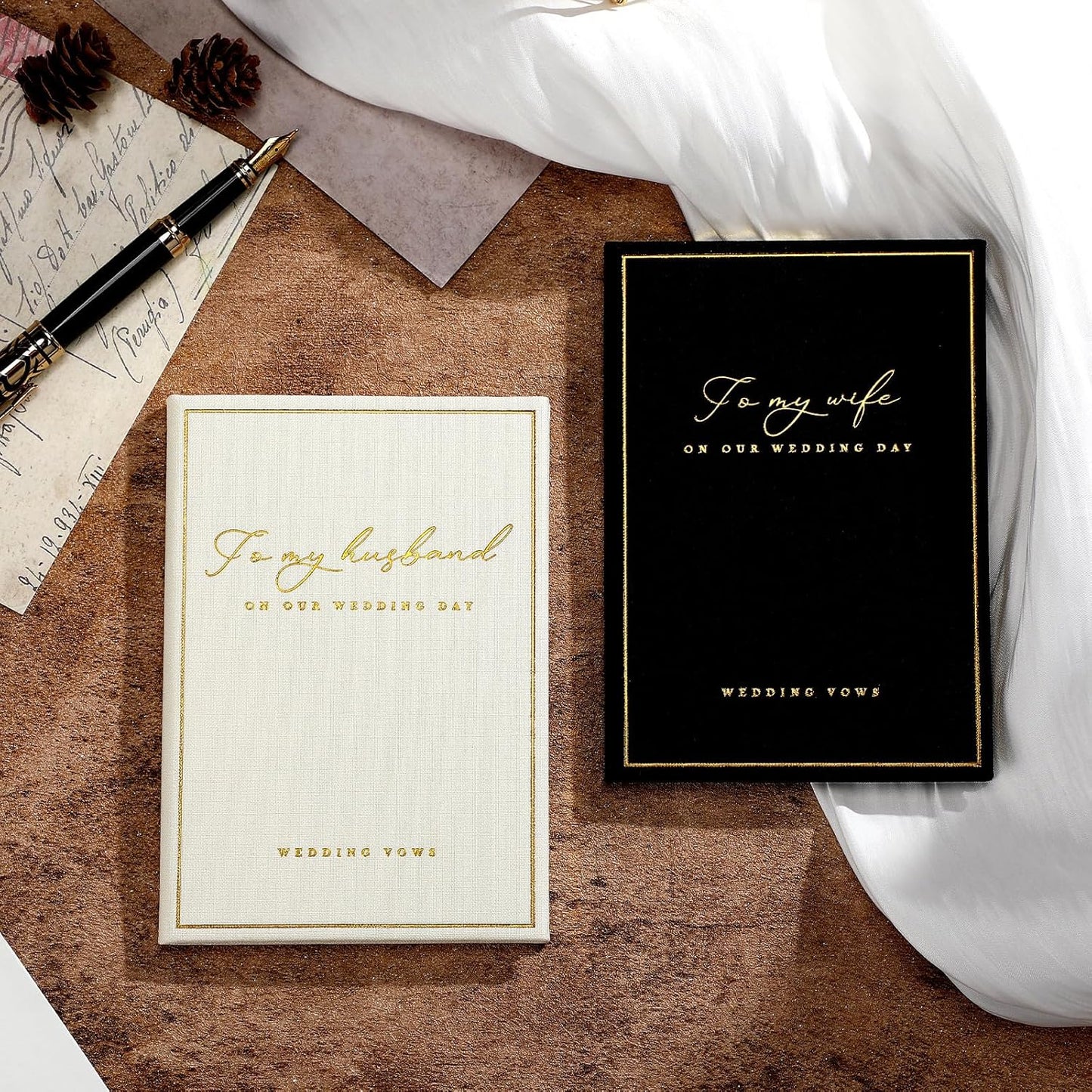 2 Pcs Wedding Vow Books His and Her to Husband Wife Wedding Must Have Registry Ideas Gold Foil Lined Page Premium Engagement Gift for Guest Groom Newly Engaged Couple(Black-White)