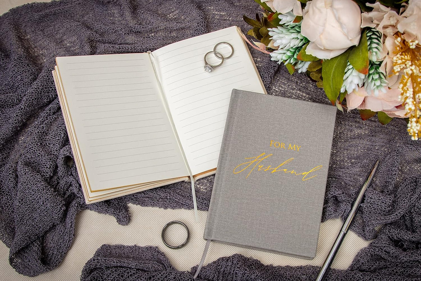 MUUJEE Hard Cover Vow Books (Set of 2) - Foil Embossed Wedding Ceremony Vow Renewal Speech Books, Couple Gifts for Engagement (For My Husband/Wife)