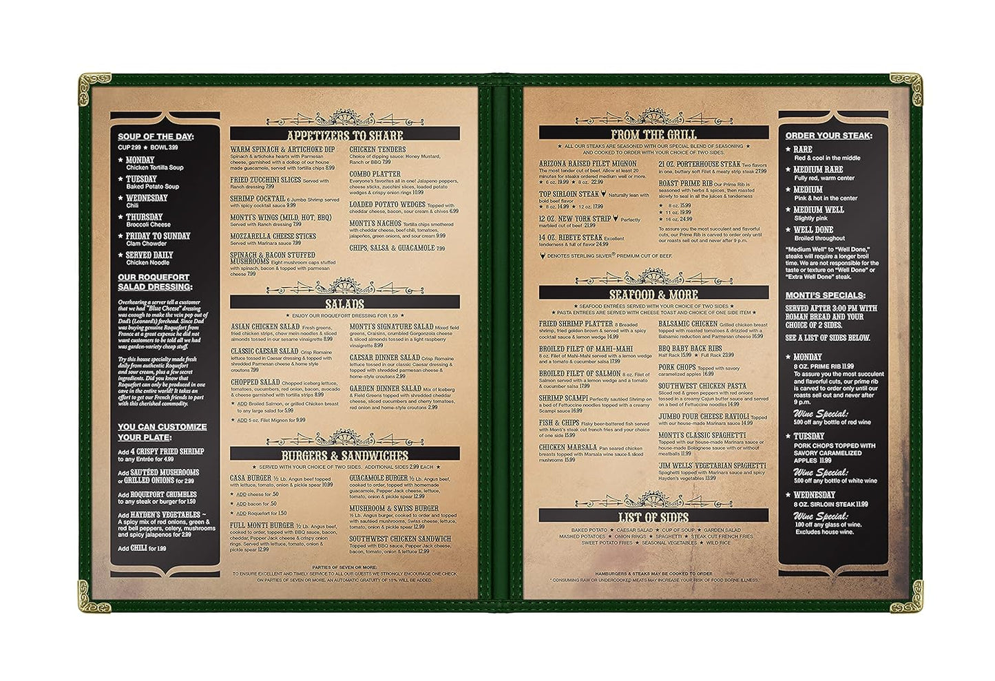Goodsmart Restaurant Menu Covers - 25 Pack Green2-Page/4-View 8.5" x 11", Side-Loading Vinyl Menu Holders, Clear Sleeves, Double-Stitched Edge, Leather-Style Café Menu Covers with Gold Corners