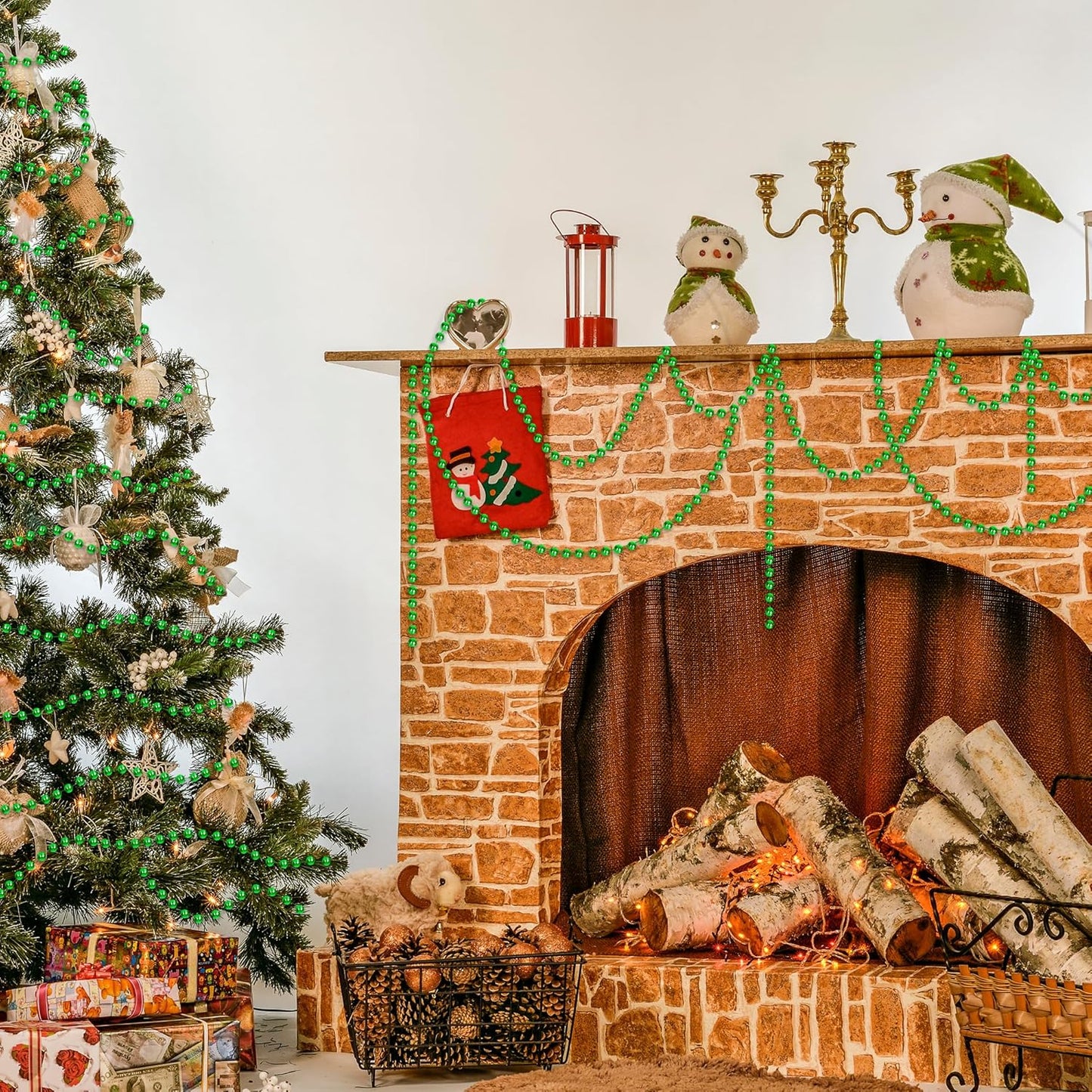 100 Feet Christmas Bead Garland,Plastic Garland Tree Decoration,Hanging Beads Strands Chain Beaded Garlands for Home Mantle Fireplace Wreath DIY Decor Supplies (Green)