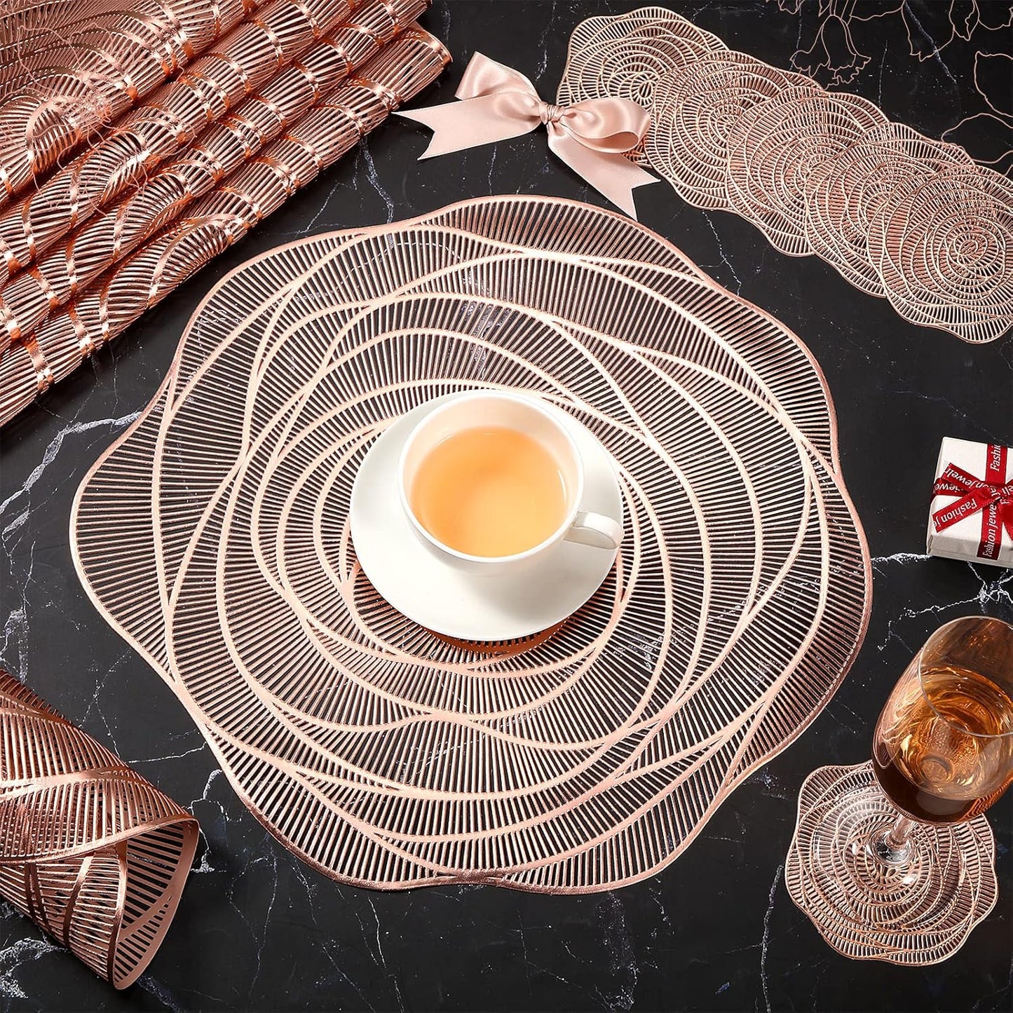 Sieral 48 Set 15 Inch Round Pressed Vinyl Placemats Hollow Out Rose Placemat Set Metallic Slip Resistant Place Mat Coaster Including Place Mats and Coasters for Wedding Dining Kitchen (Rose Gold)