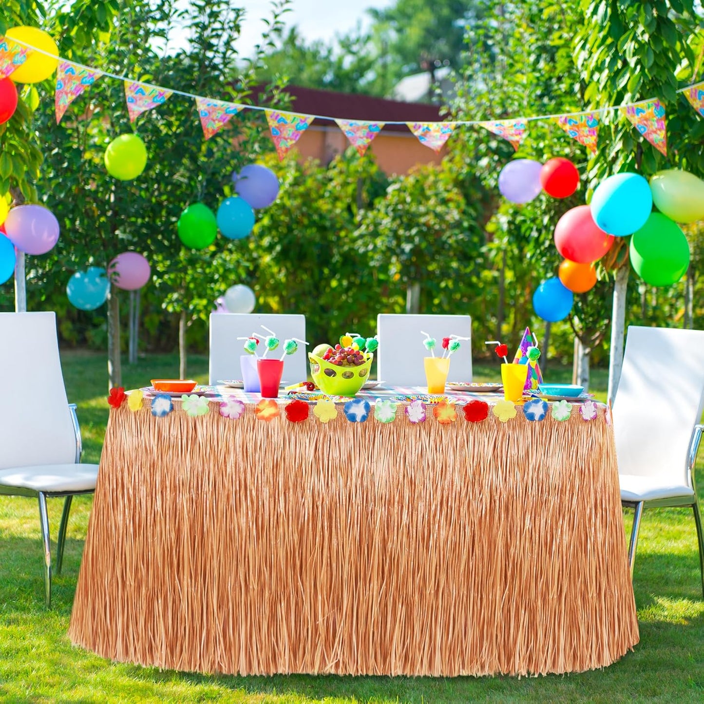 12PCS Hawaiian Table Skirt, Luau Themed Grass Table Skirt Party Supplies, Indoor Outdoor 108 X 29.5" Flower Tropical Hula Dance Parties Supplies Bulk, Table Skirt for Summer Beach Themed Party