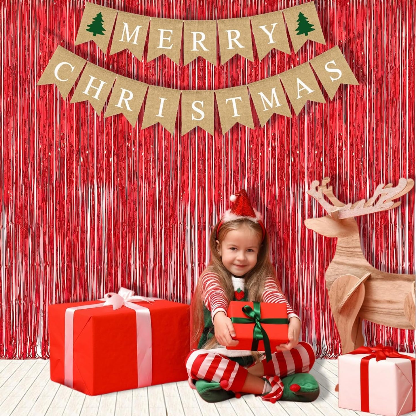 Foil Fringe Curtain Christmas Party Decorations - Red Metallic Tinsel Photo Booth Backdrop Party Steamers Curtains for Christmas New Years Valentines Engagement Celebration Party